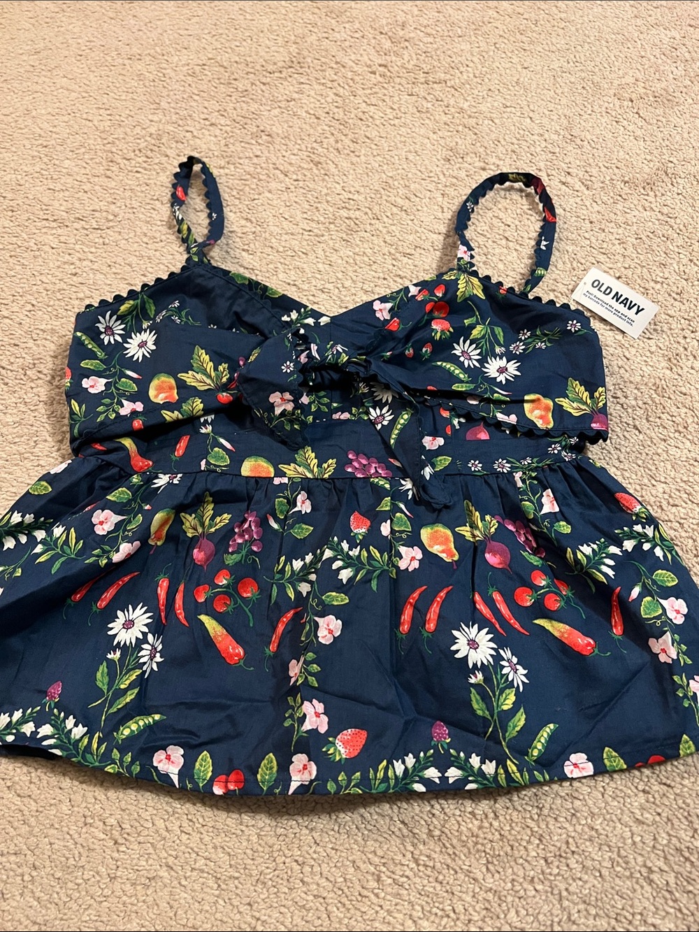 Old Navy Navy Floral & Fruit Tie-Front Crop Tank Size Small NWT